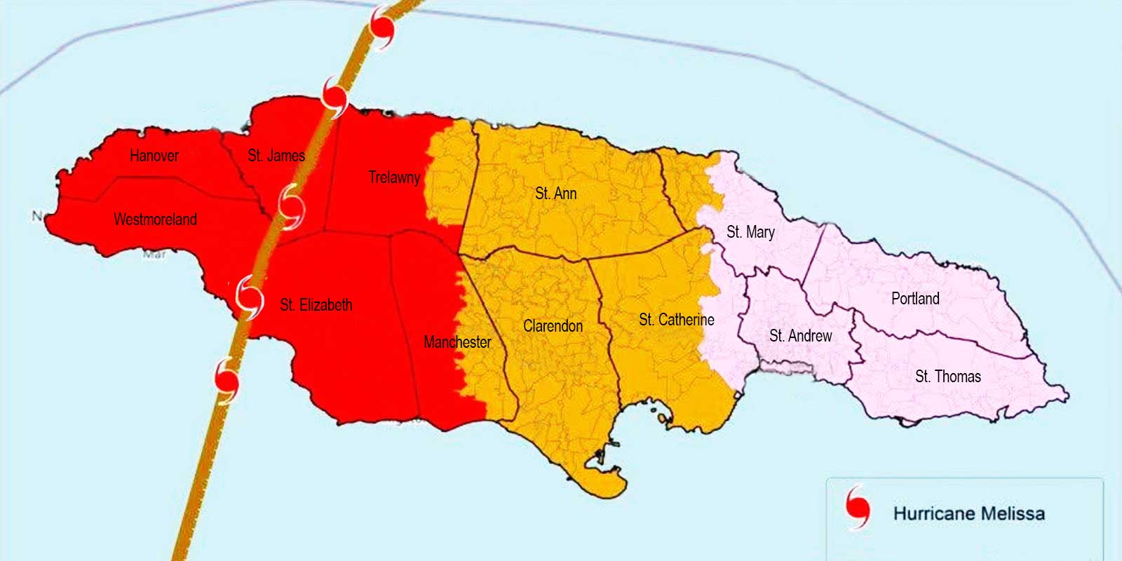 Map of Hurricane Melissa path through Jamaica