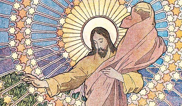 Colorful illustration of Jesus with a golden halo of stars around him.
