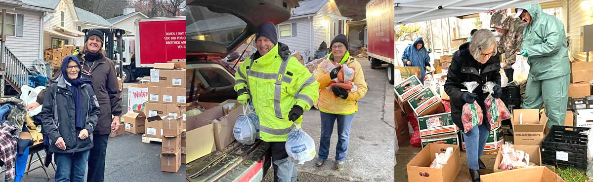 Collage of photos showing volunteers working a food pantry.