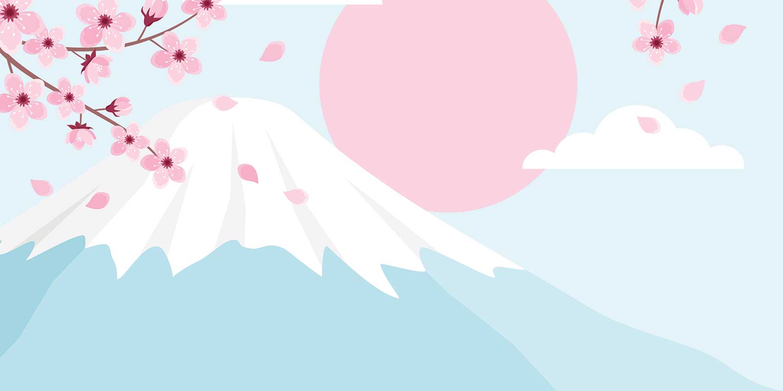 Illustration of Japanese mountain surrounded by cherry blossom tree branches