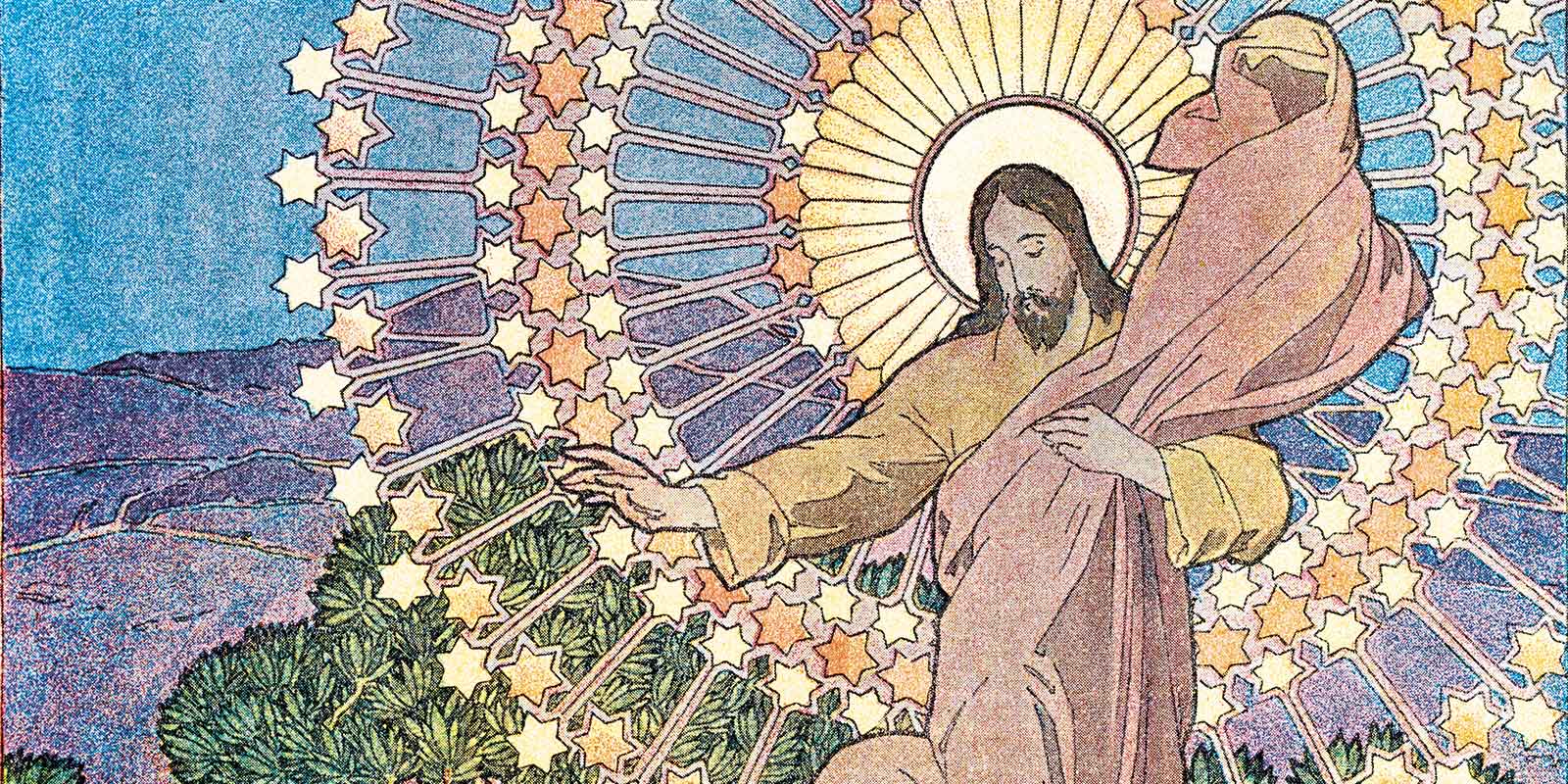 An colorful illustration of Jesus with a large halo of stars
