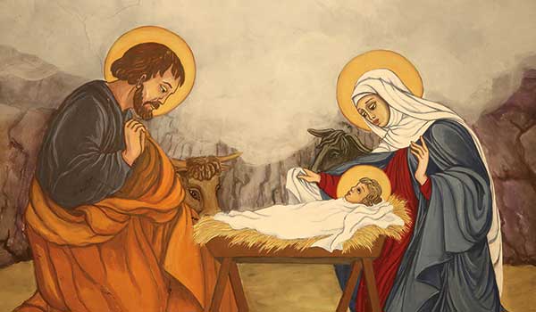 Painting of baby Jesus in the manger with Joseph and Mary on each side.