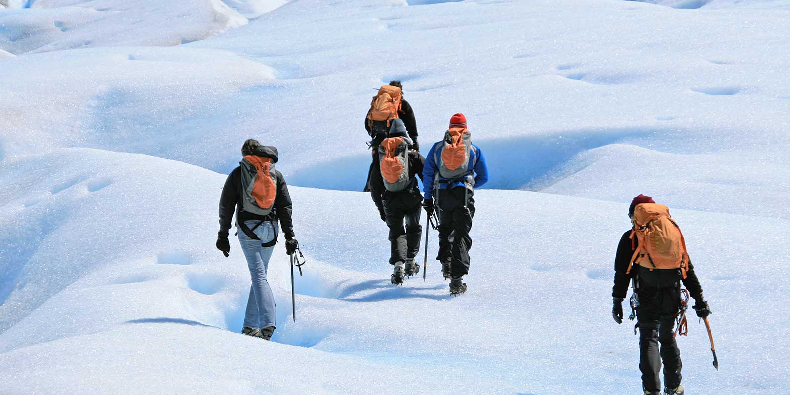 Four explorers walking up a snowy mountain include