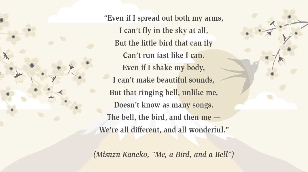 Illustration of a Japanese mountain surrounded by cherry blossoms with a poem.