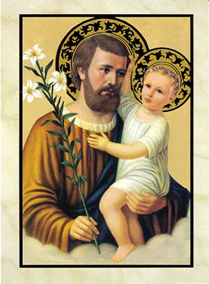 Kartka na Dzień Ojca z Józefem trzymającym Dzieciątko Jezus.