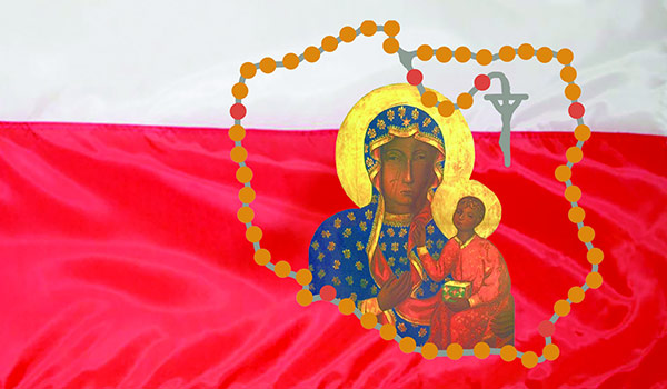 Matka Boska Częstochowska otoczona różańcem na tle flagi polskiej