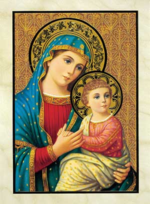 Kartka z okazji Dnia Matki przedstawiająca Maryję trzymającą Dzieciątko Jezus.