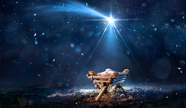 The manger with baby Jesus under the night sky with the light of the North Star.